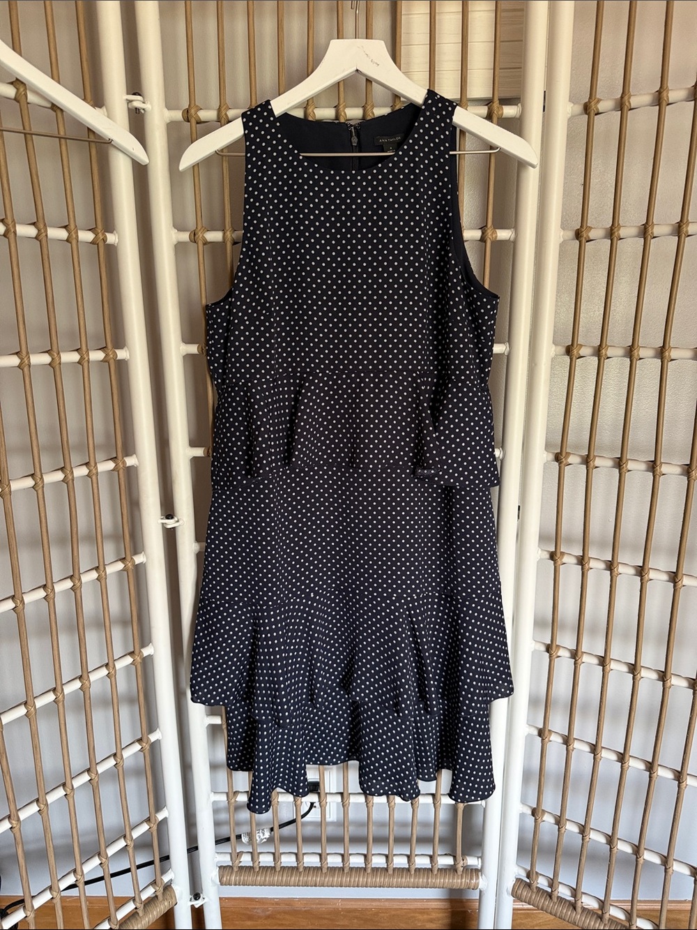 Ann Taylor Navy and White Polka Dot Sleeveless Tiered Mini Dress